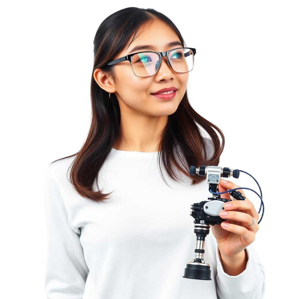 A young engineer holding a robotic prototype representing innovation