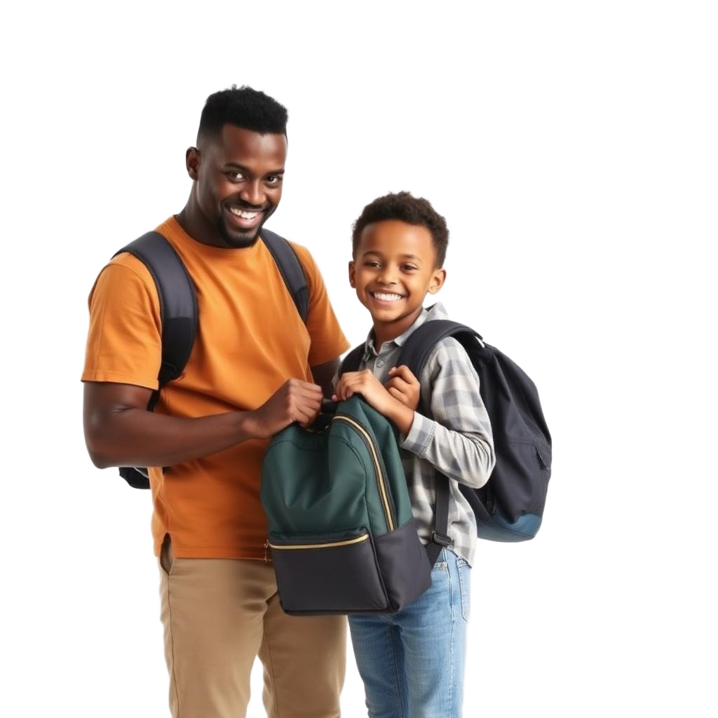 A volunteer helping a child with a backpack representing service